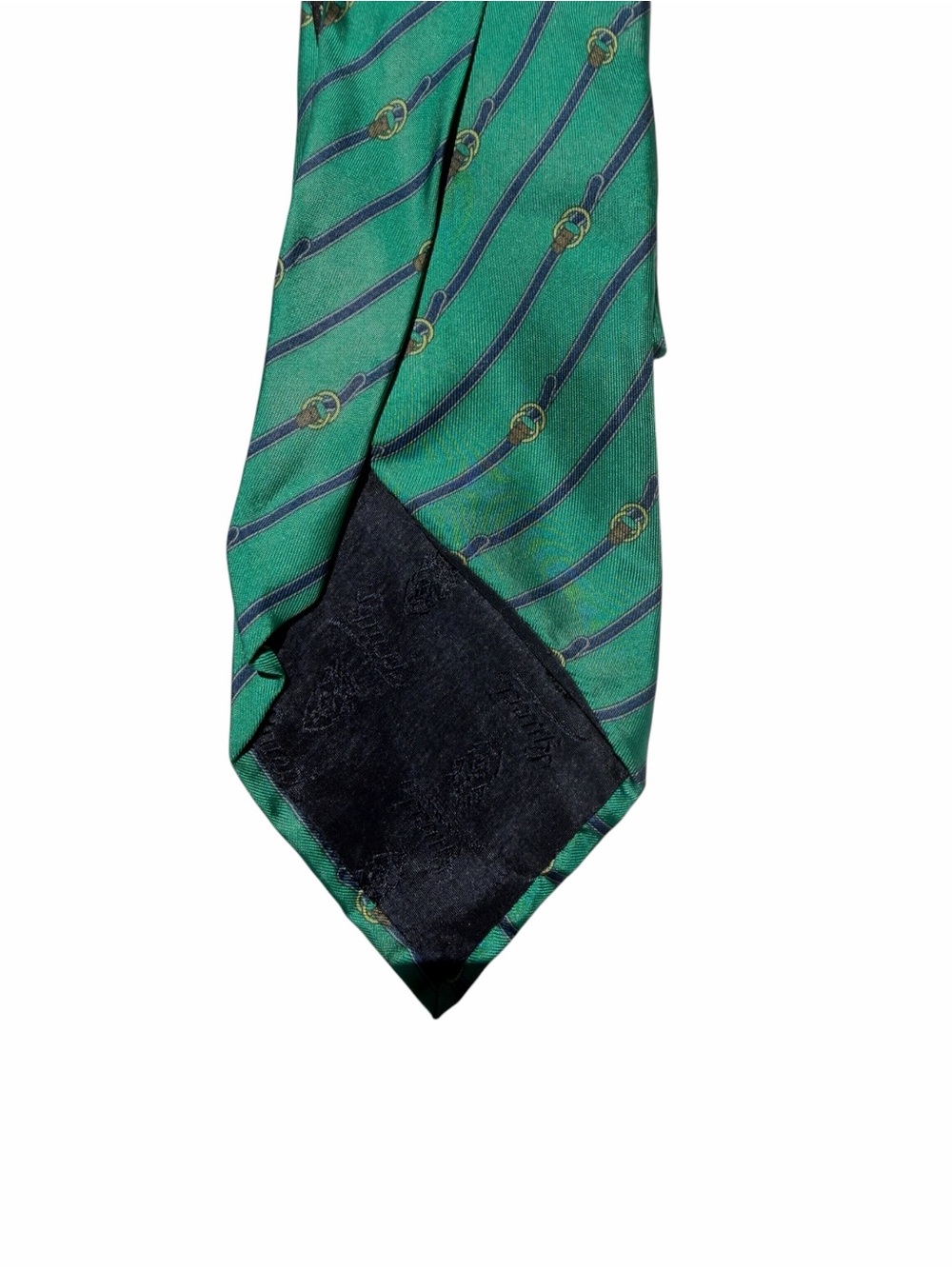 Gucci Green Tie with Navy Diagonal Stripes and Gold Motifs vintage repurpose - Picture 8 of 10